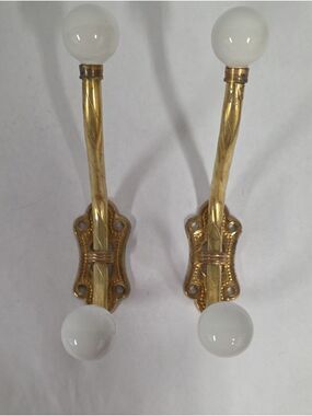 Victorian-Style Brass Double Coat Hooks With White Porcelain Tips (Set Of 2)